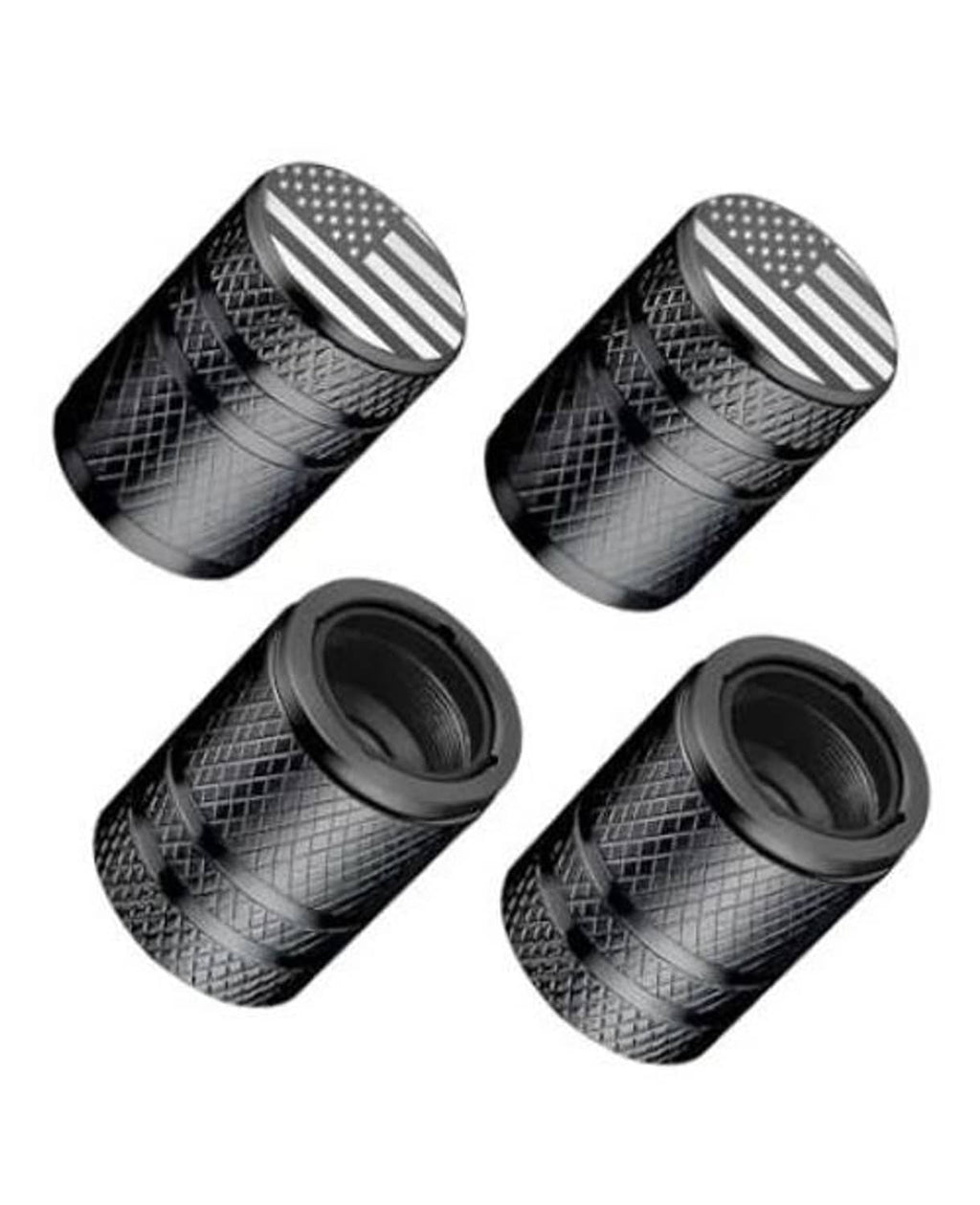 4-pack black aluminum tire valve stem caps with American flag top and textured grip