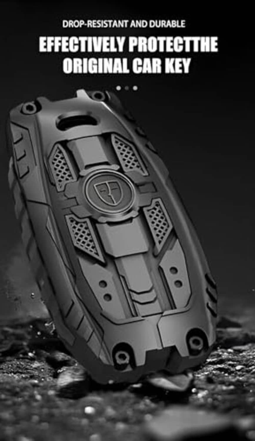 Black key fob case cover with keychain ring, rugged texture and button area visible