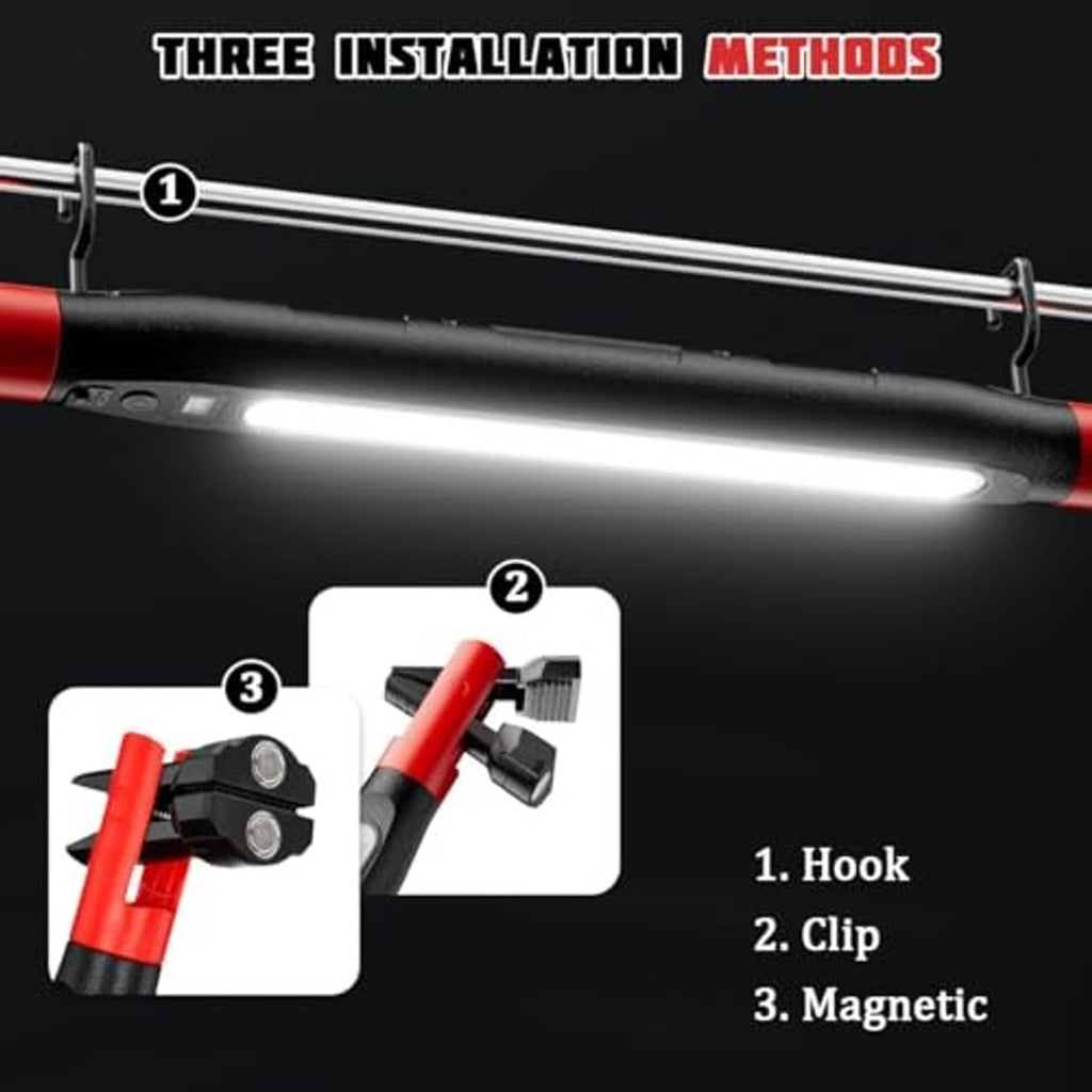 Red-and-black LED work light bar with hook, clip, and magnetic mount options