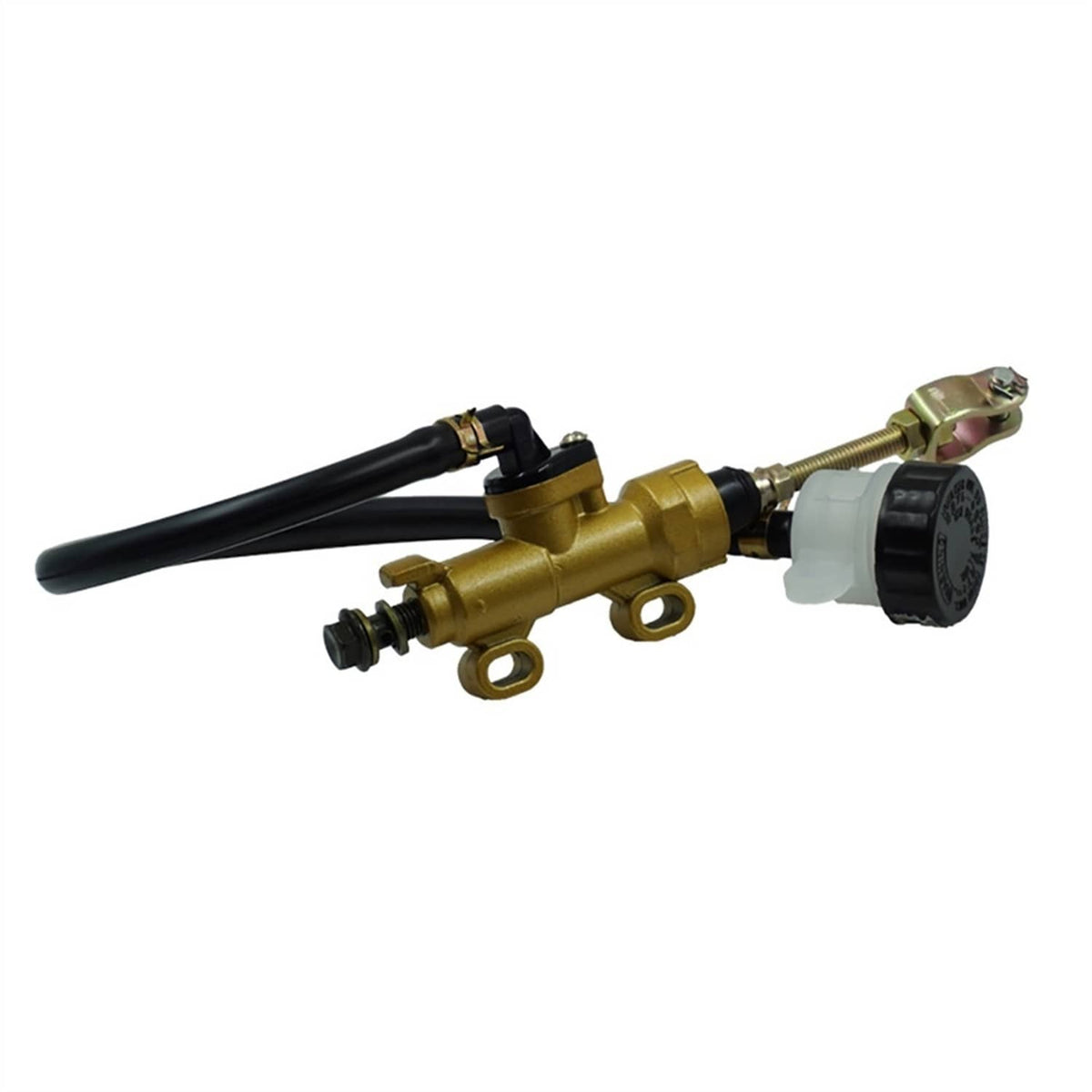 Gold rear brake master cylinder pump with black hose, lever bracket, and reservoir