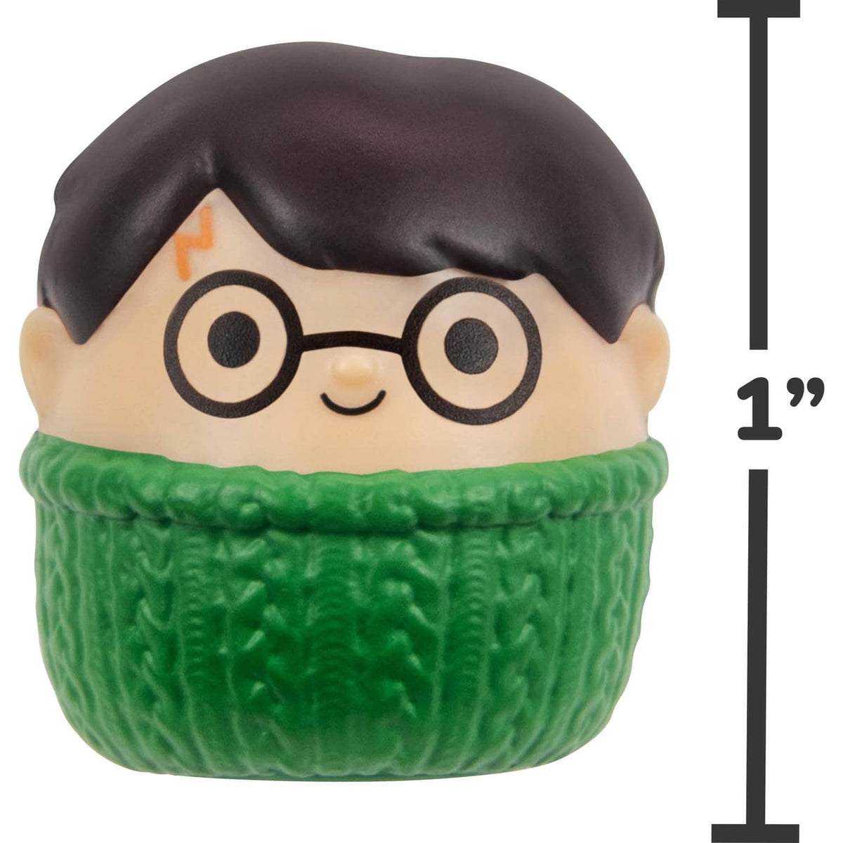 Close-up mini squish toy figure with round glasses and a thick green knitted collar