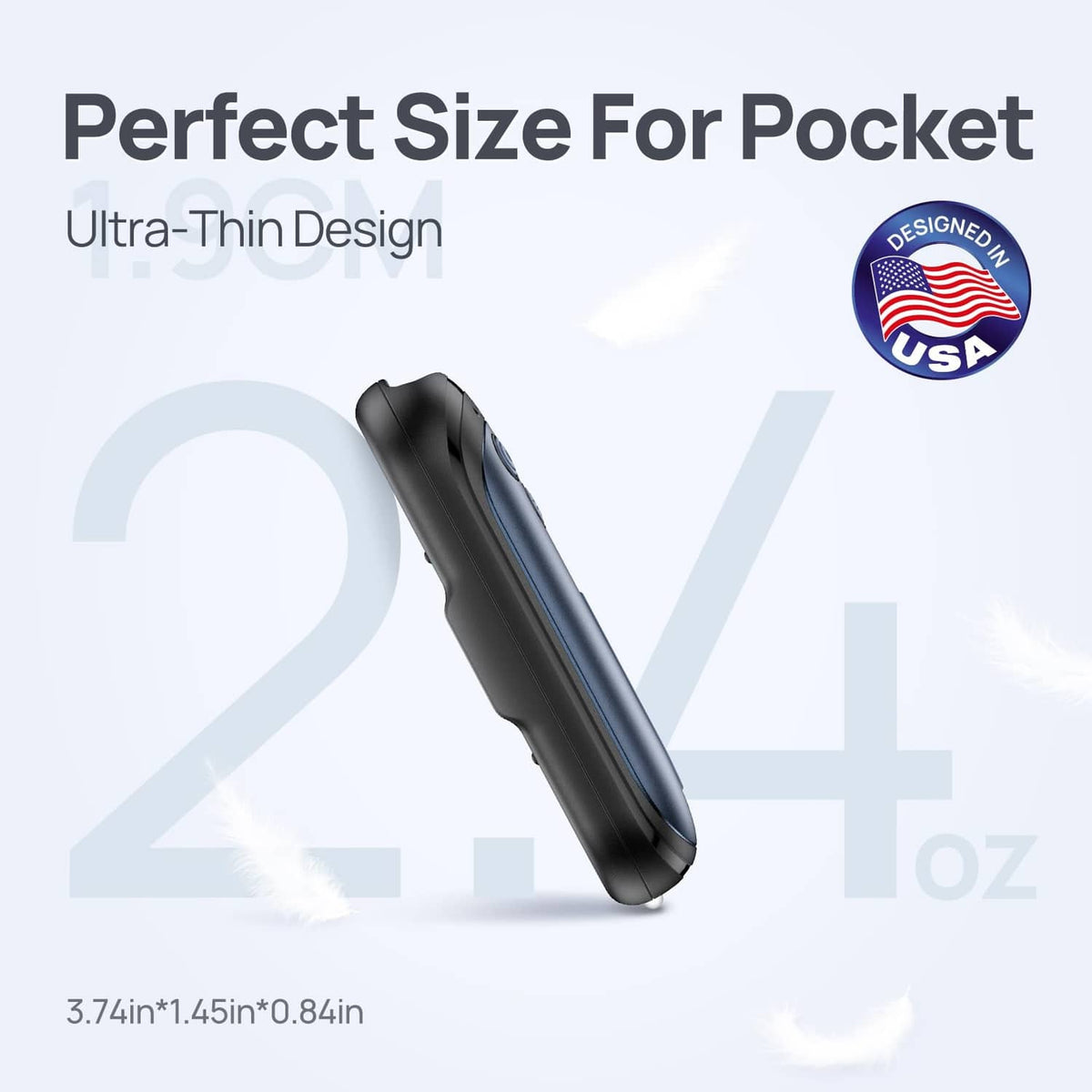 Thin black rechargeable hand warmer designed for pocket carry, angled side view