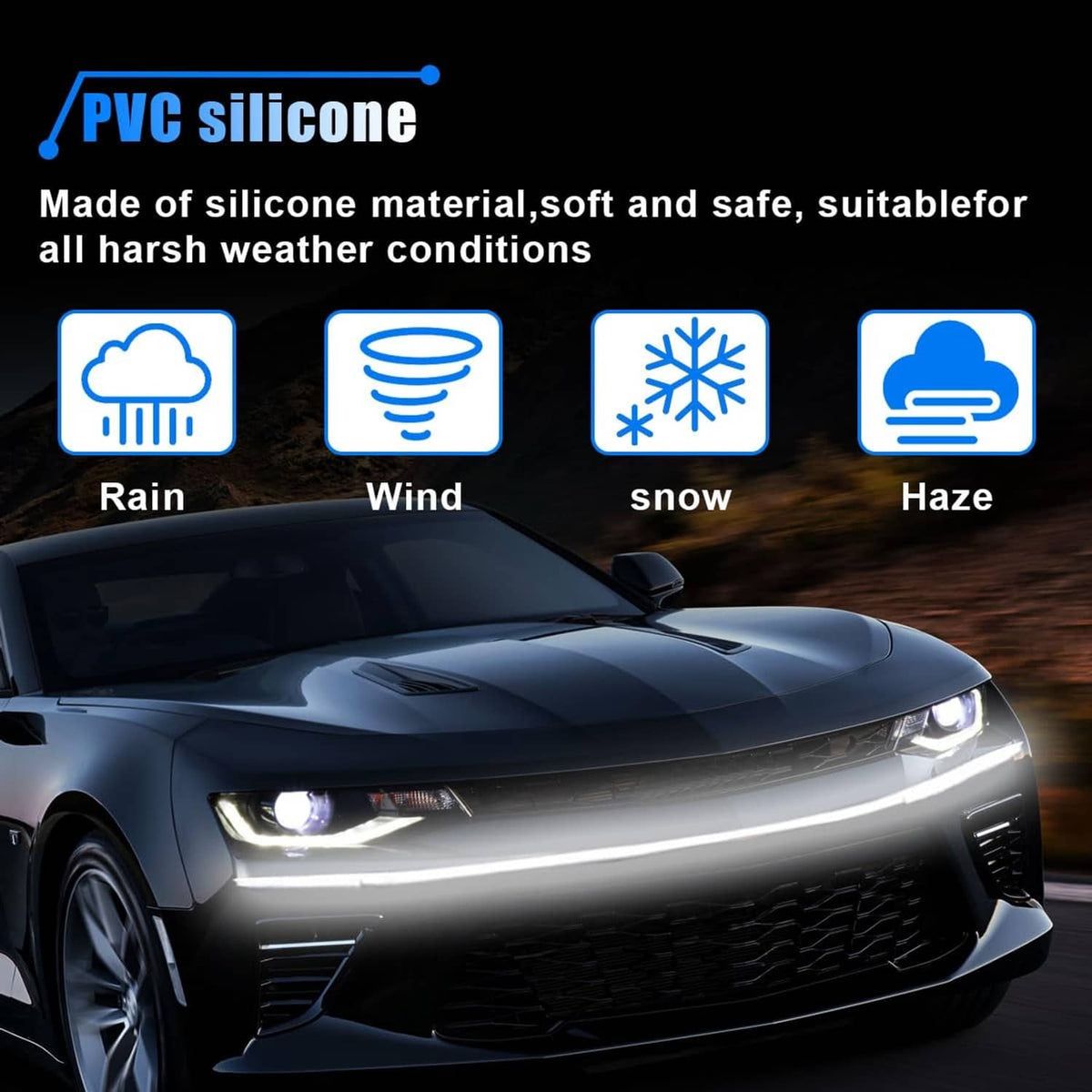 White LED hood light strip on car grille with white beams