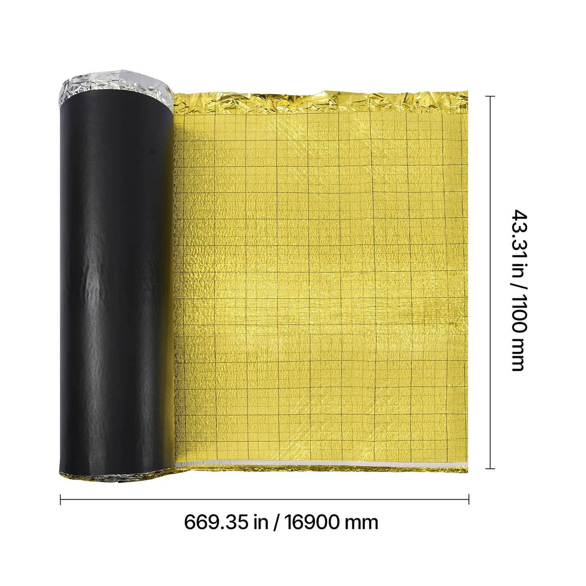 Gold floor underlayment roll and sheet bundle with black roll center and foil layer