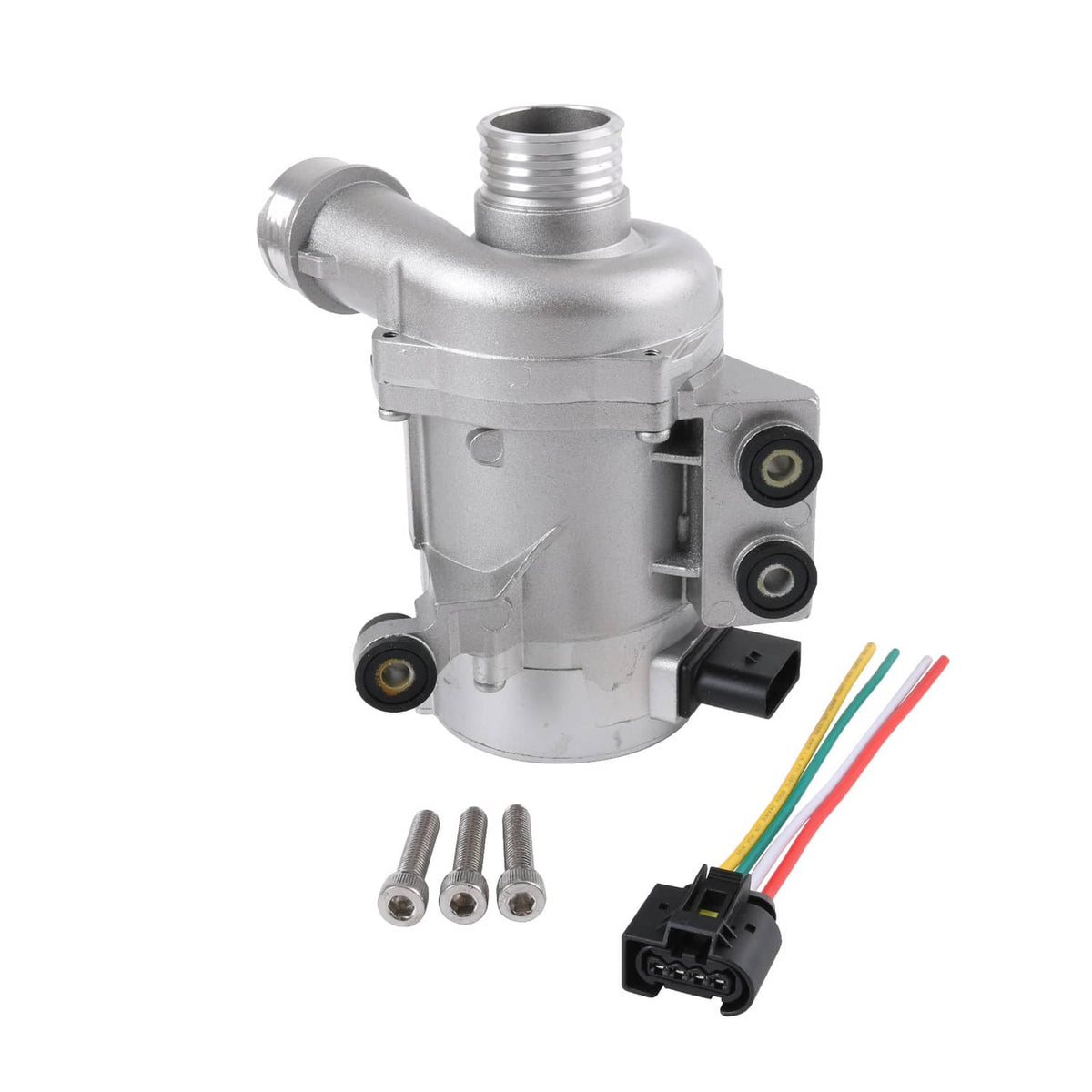 Silver electric water pump with electrical connector, threaded ports, and mounting bolts
