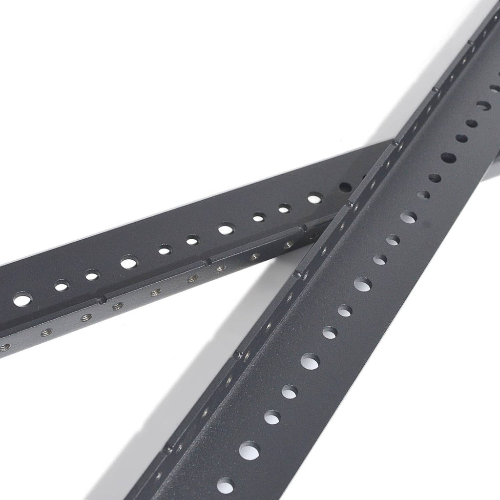 Black rack rail pair with prepunched tapered holes along the mounting slots