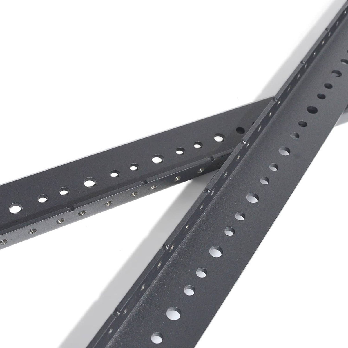 Black rack rail pair with prepunched tapered holes along the mounting slots
