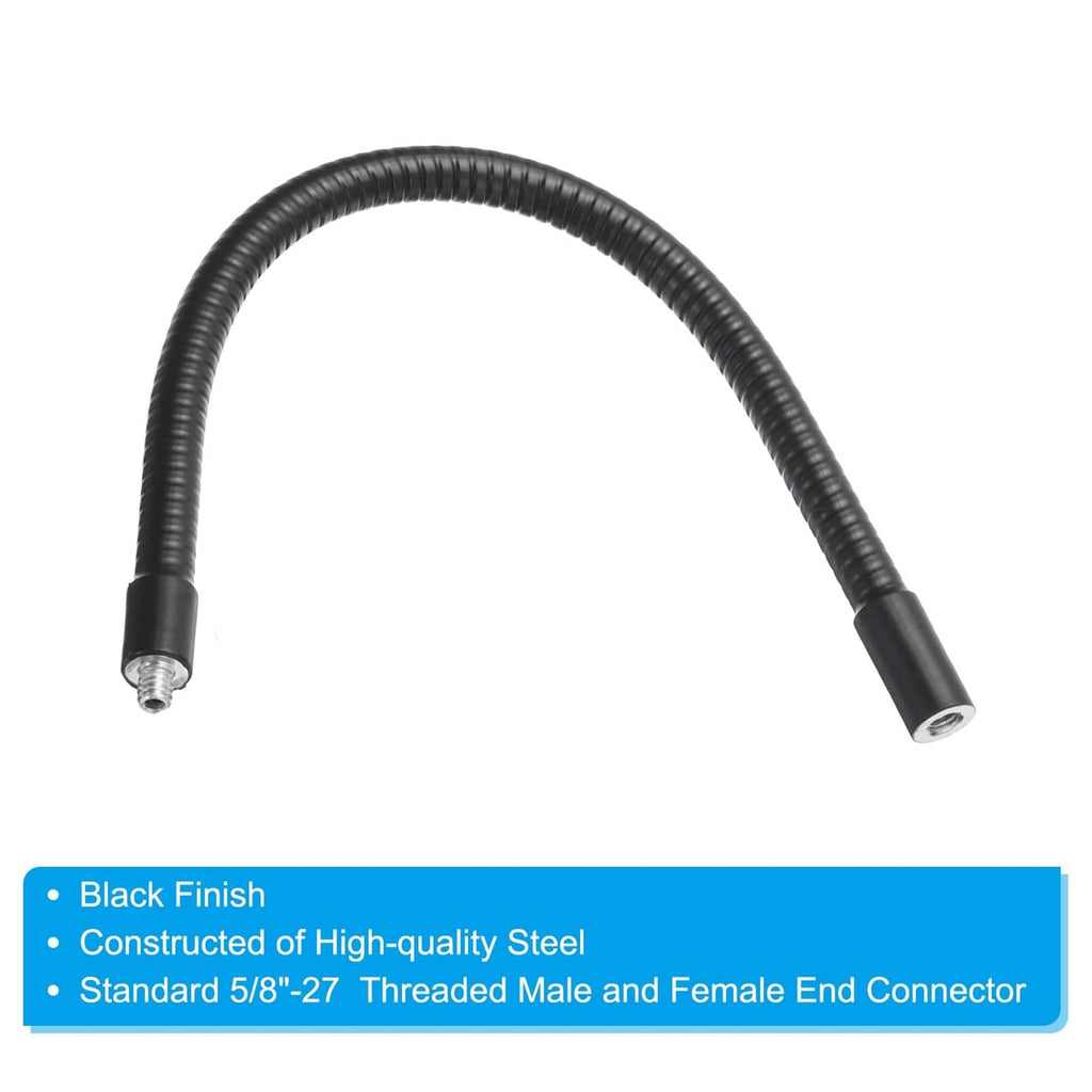 Black flexible gooseneck hose with metal threaded connectors at both ends