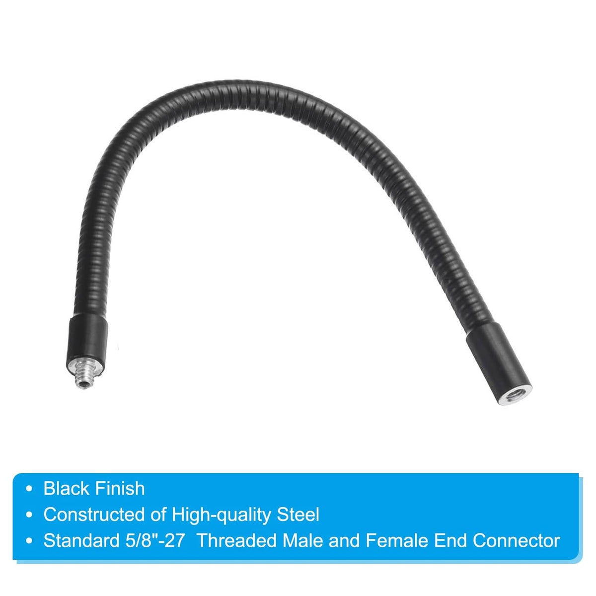 Black flexible gooseneck hose with metal threaded connectors at both ends