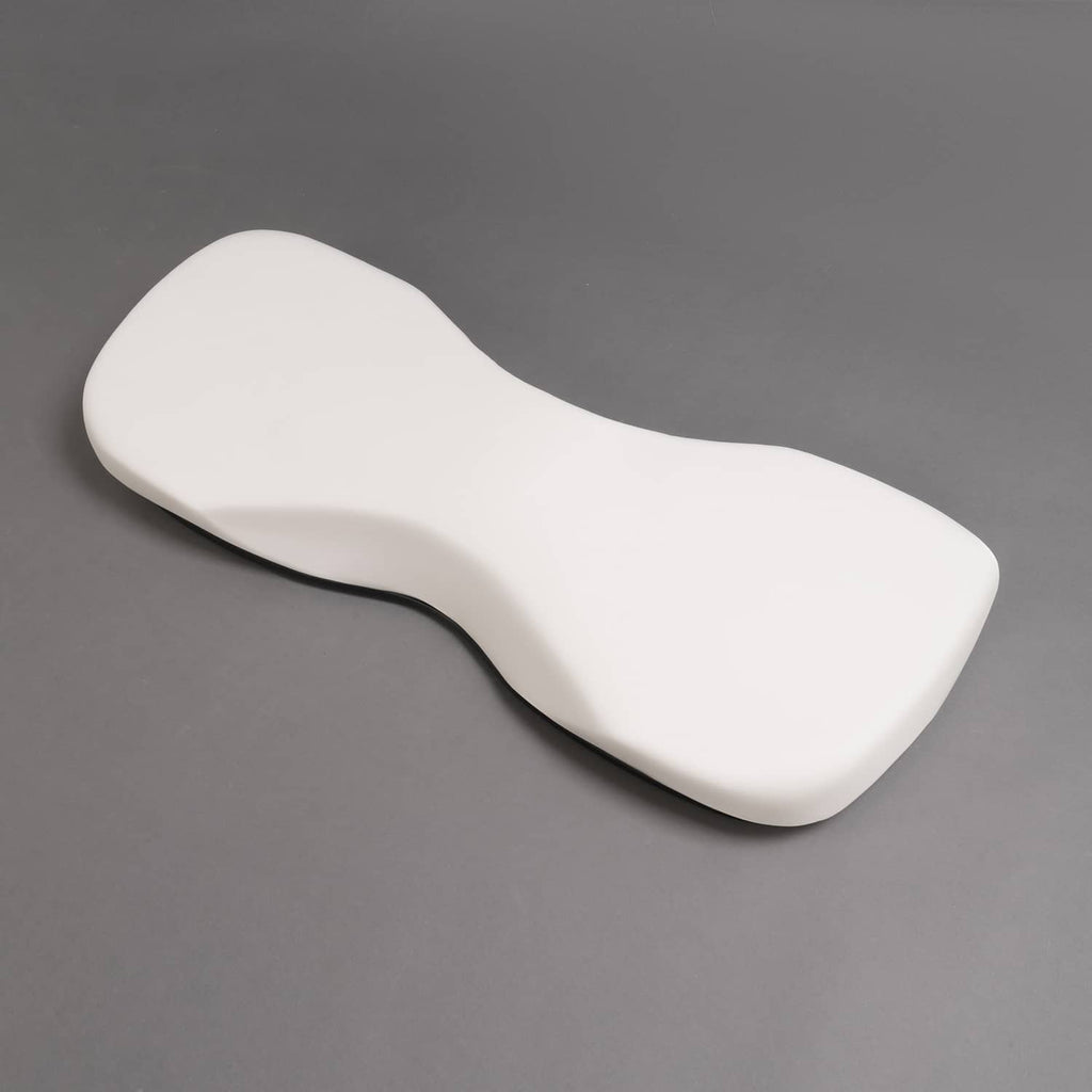 Front seat backrest pad assembly in white, curved with rounded edges and smooth finish