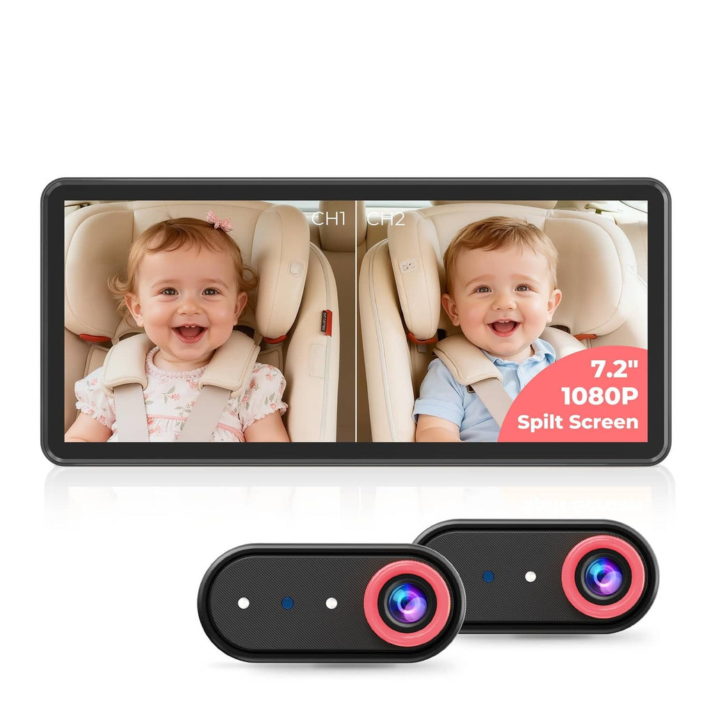 7.2-inch dual-camera baby monitor with split-screen showing two babies, pink accents