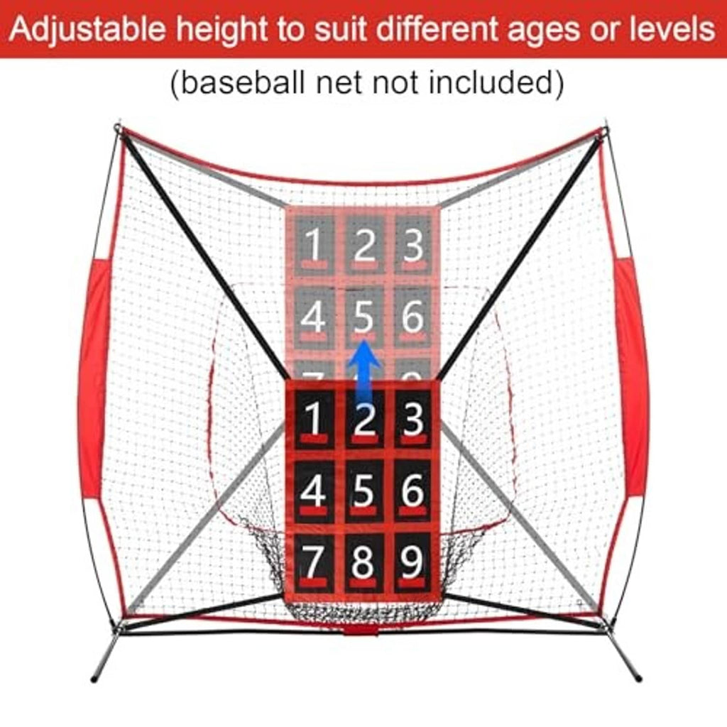 Adjustable baseball strike zone net with red frame, white mesh, and 1–9 grid