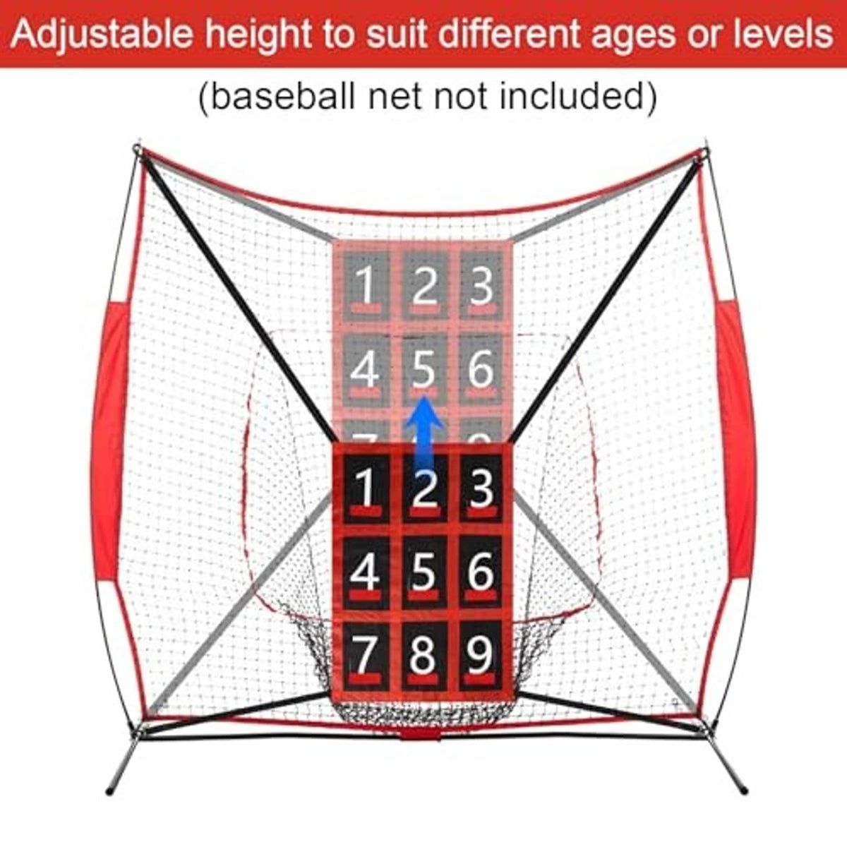 Adjustable baseball strike zone net with red frame, white mesh, and 1–9 grid