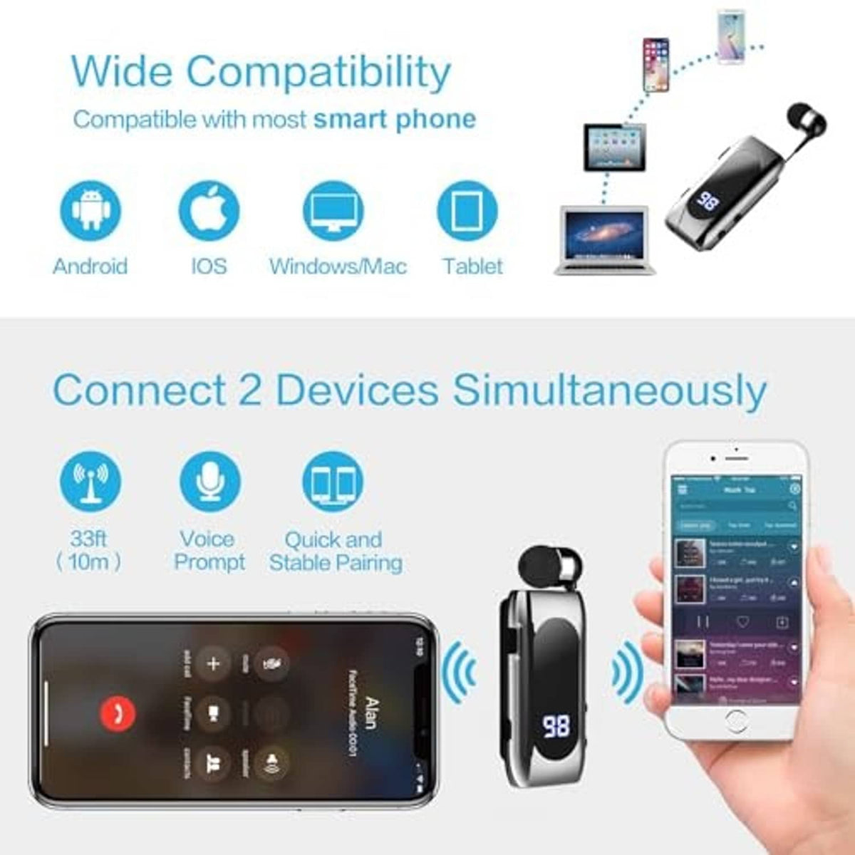 Retractable wireless earphone with black charging case and blue 98 indicator near smartphones
