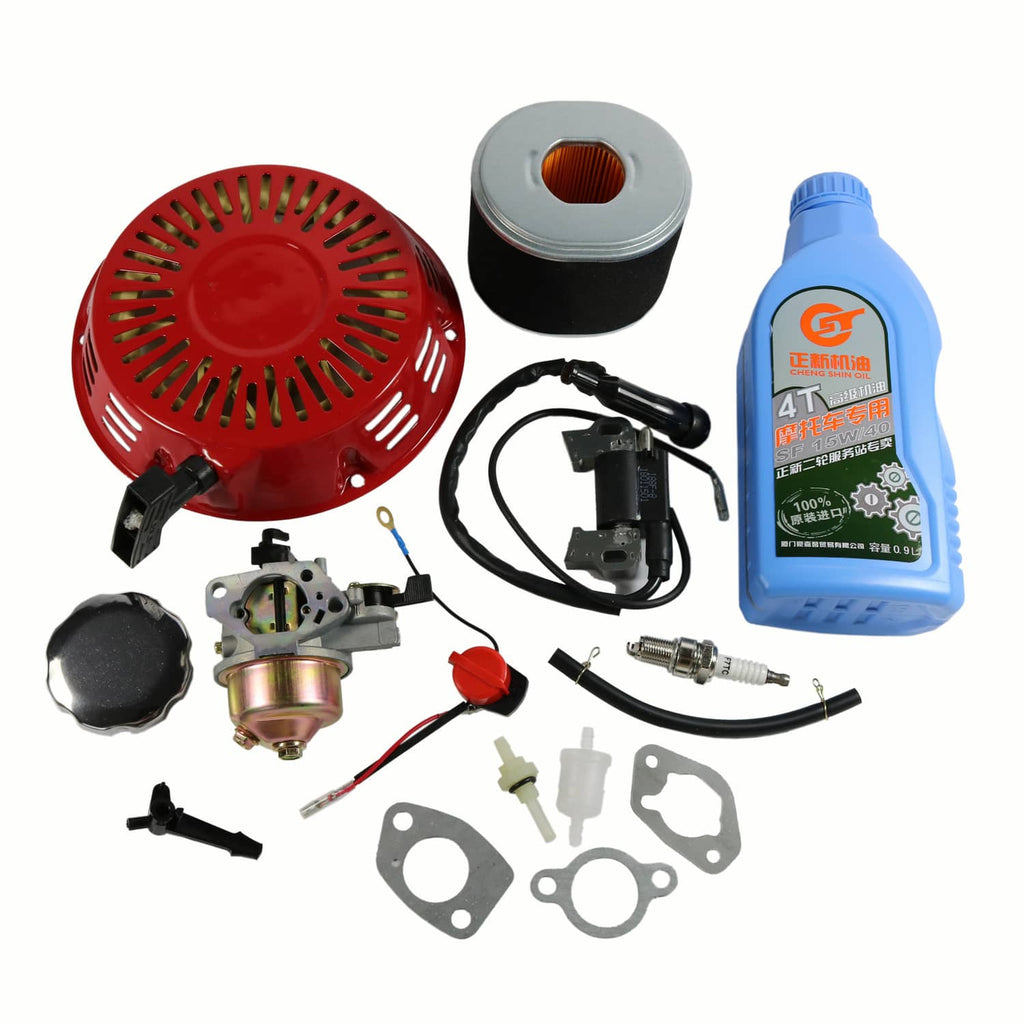Small engine tune-up kit featuring red recoil starter, carburetor, ignition coil, filter, plug