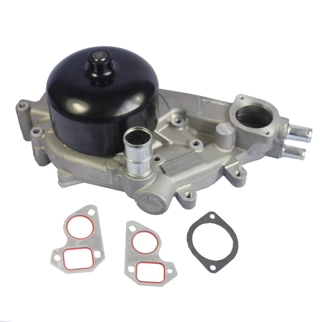 Water pump assembly with black cap, silver housing, and gasket set