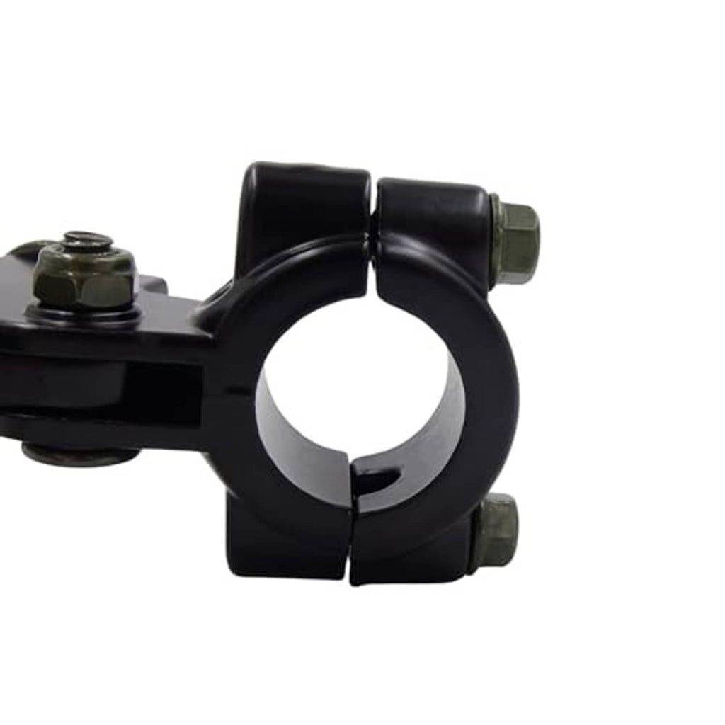 Black handlebar clamp on folding lever perch with bolt heads and lever grip