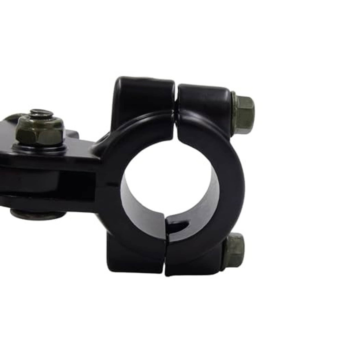 Black handlebar clamp on folding lever perch with bolt heads and lever grip