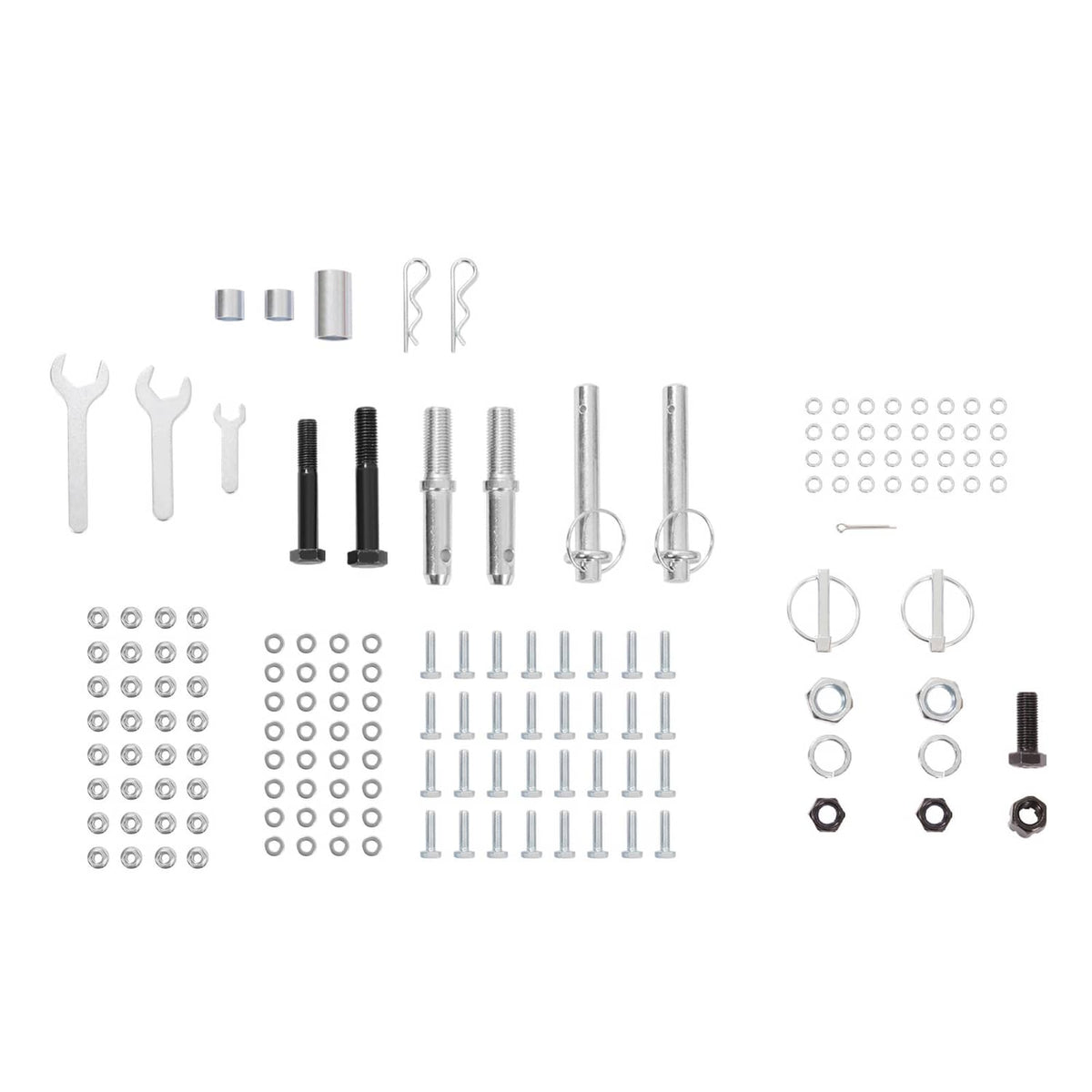 Rock rake hardware kit with pins, bolts, washers, and fasteners for assembly