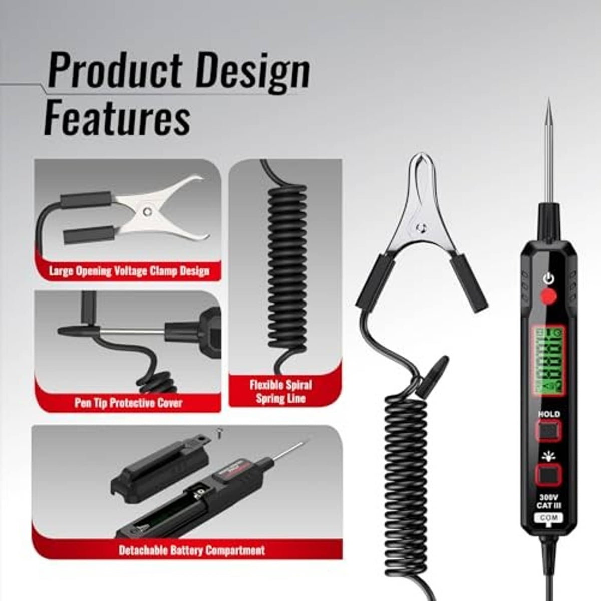 Automotive circuit tester with spring coiled probe lead and clip, shown on product feature graphic