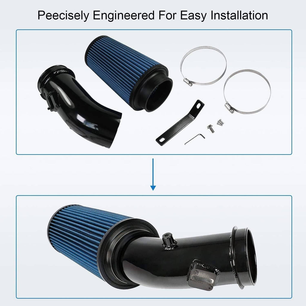 Air intake kit with black intake pipe, blue pleated filter, clamps, and bracket