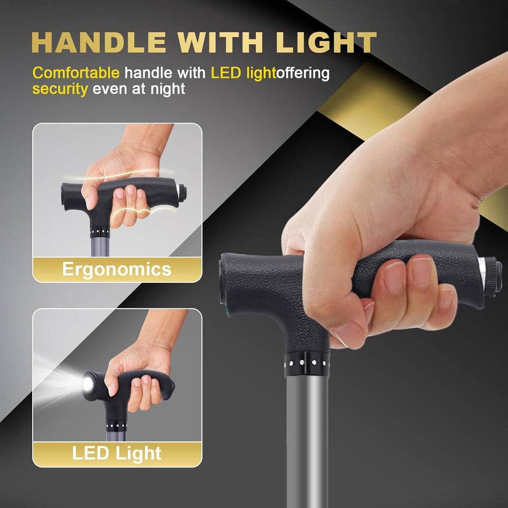 Folding walking cane with seat, black handle grip with built-in LED light