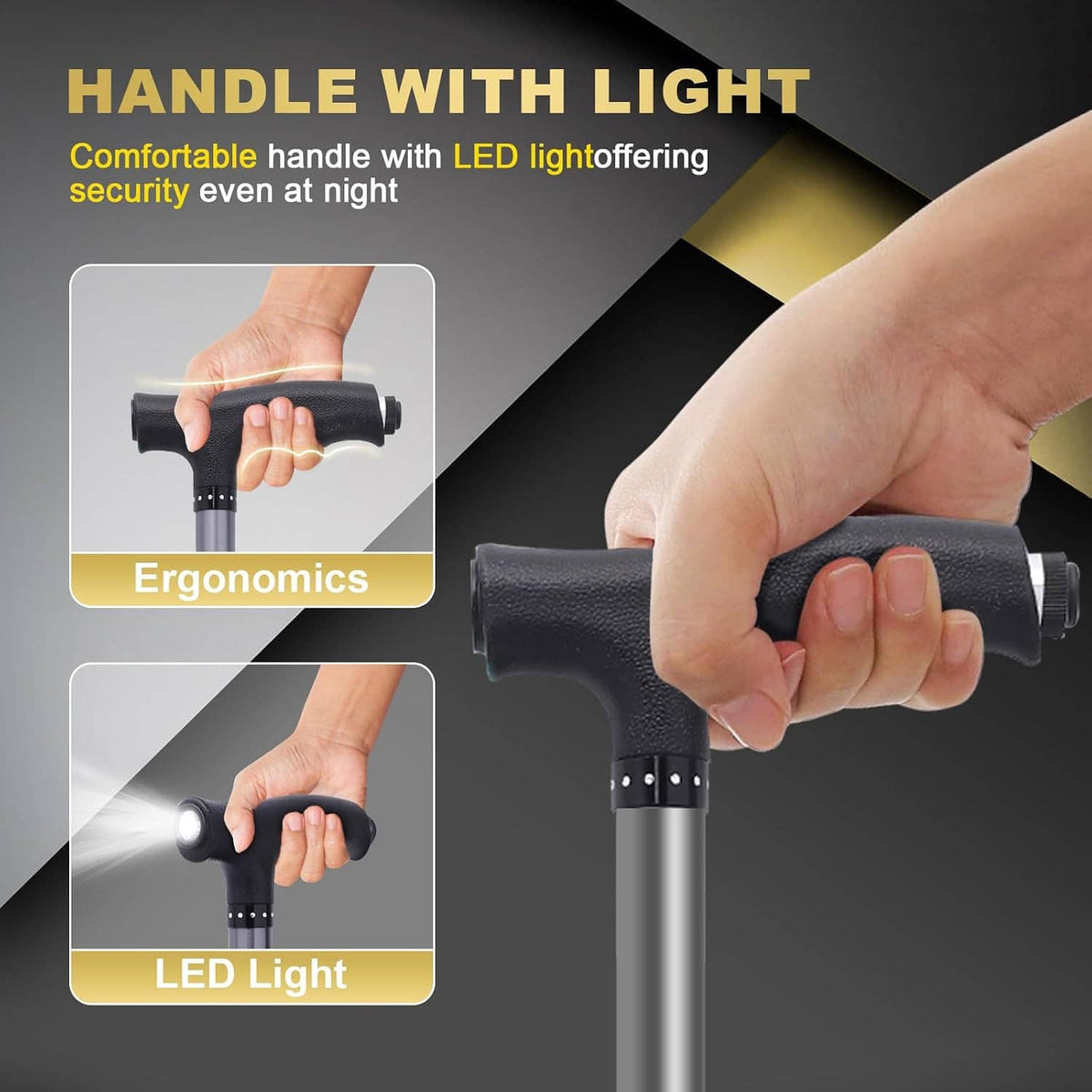 Folding walking cane with seat, black handle grip with built-in LED light