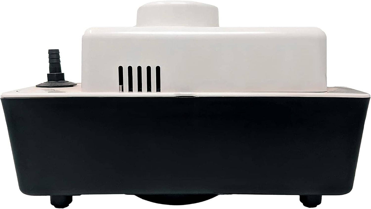 Compact condensate pump with vented top and dark base, front view
