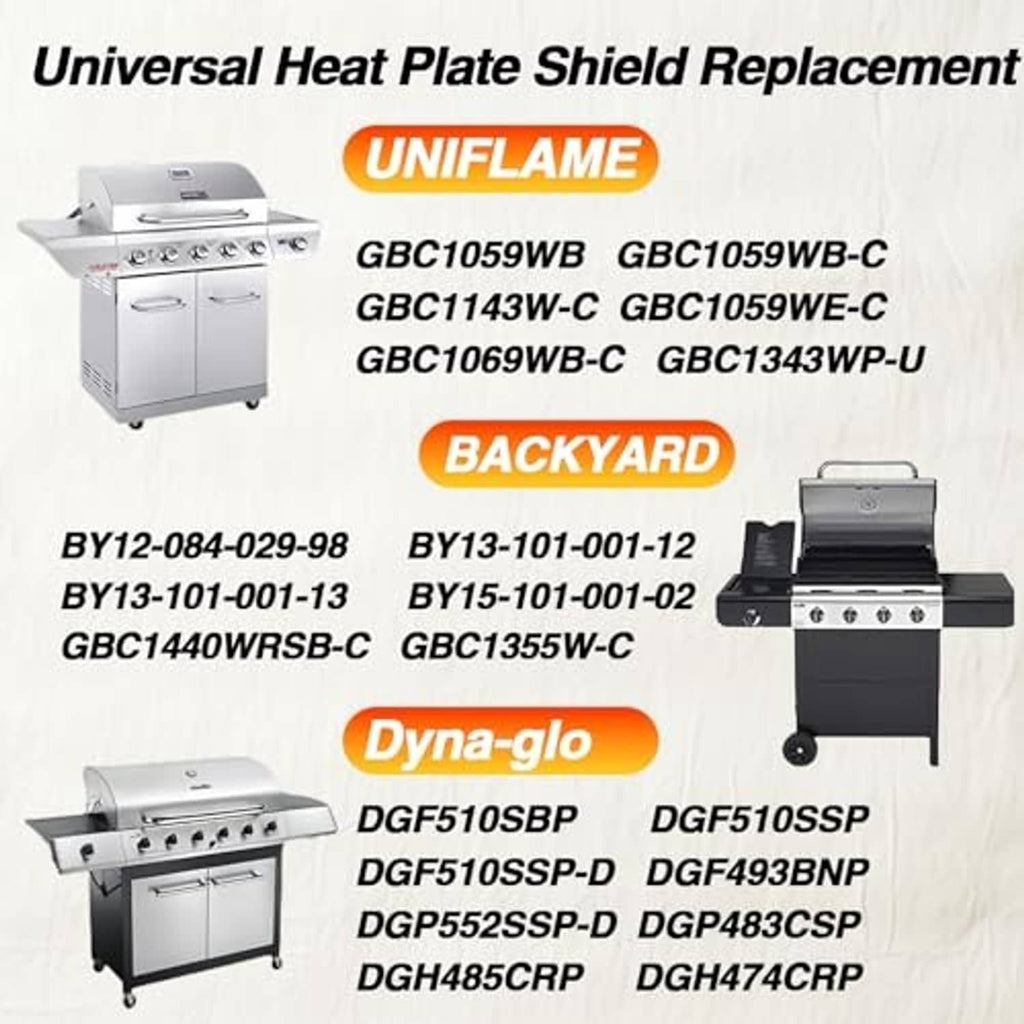 Outdoor gas grill with burner controls and cabinet base, showing heat shield replacement