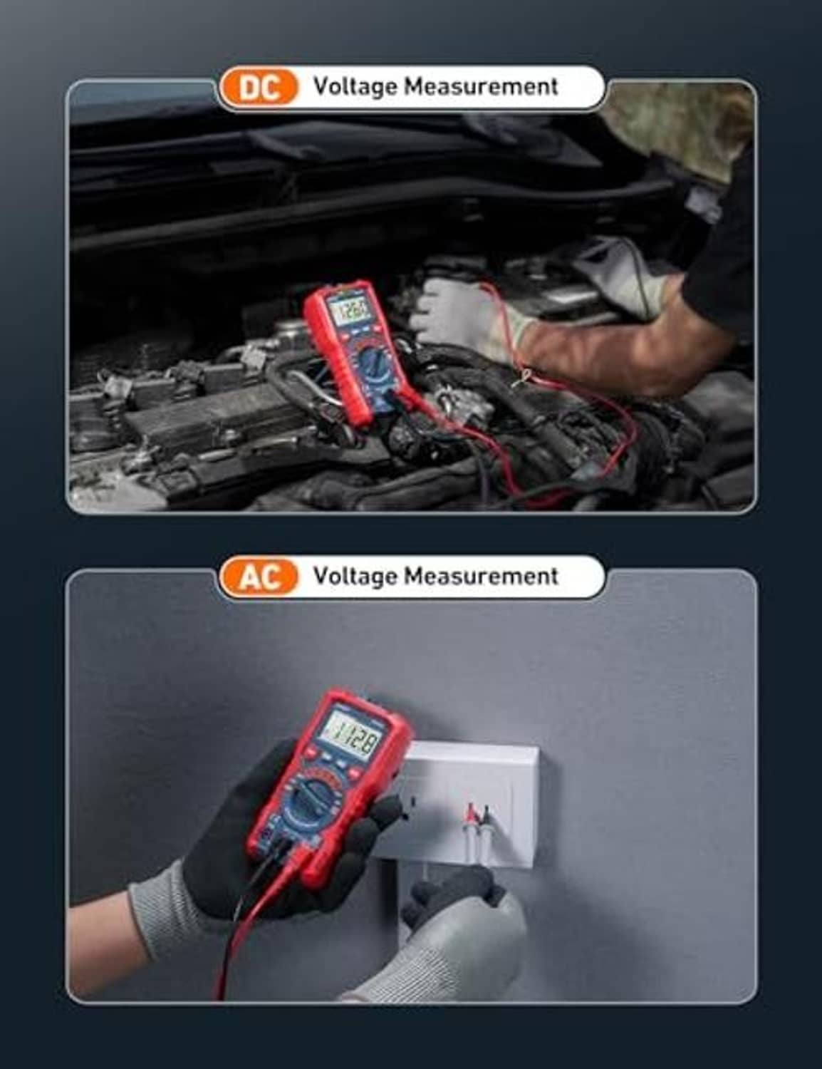 Red digital TRMS multimeter measuring DC and AC voltage with leads