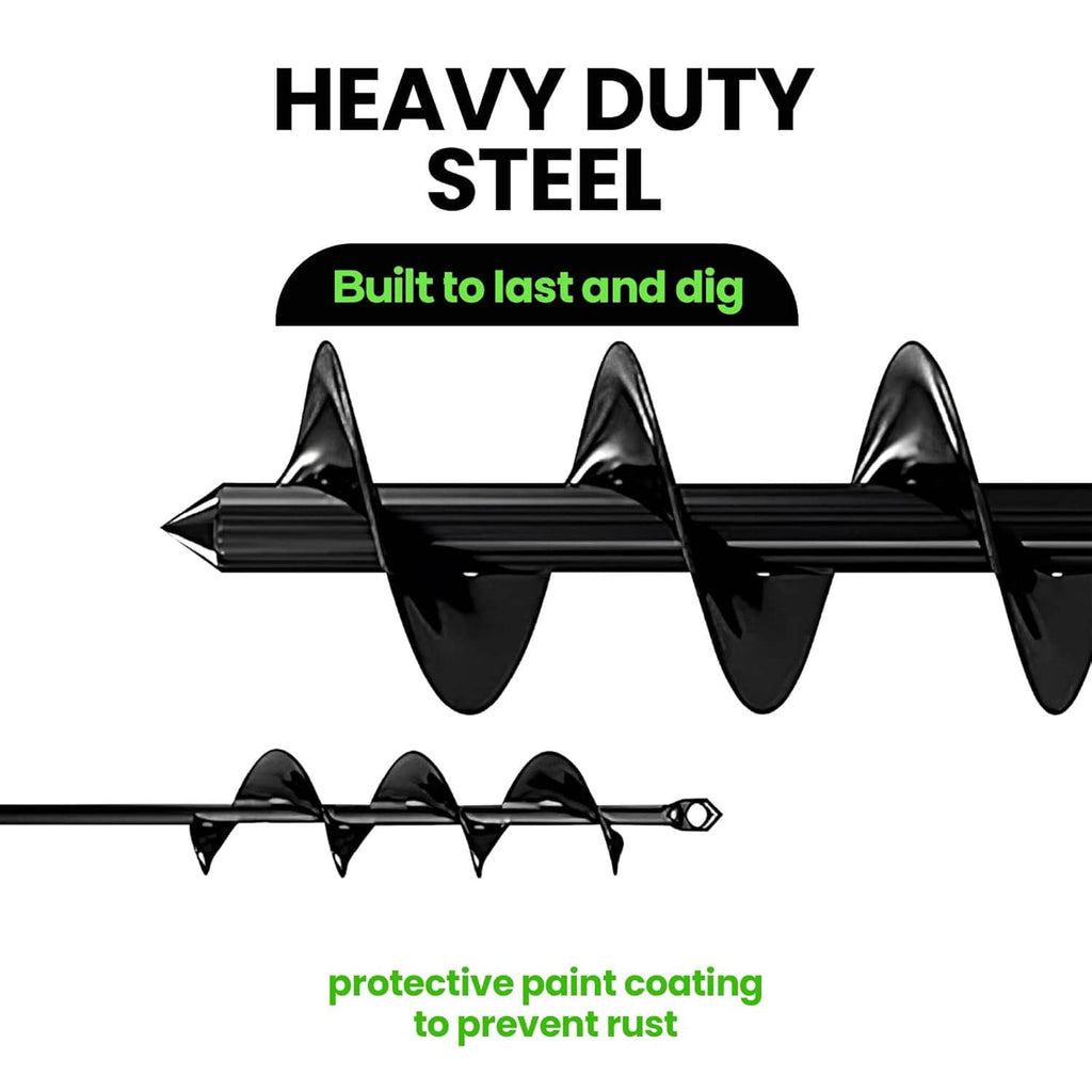 Black heavy-duty steel auger drill bit with protective coating against rust