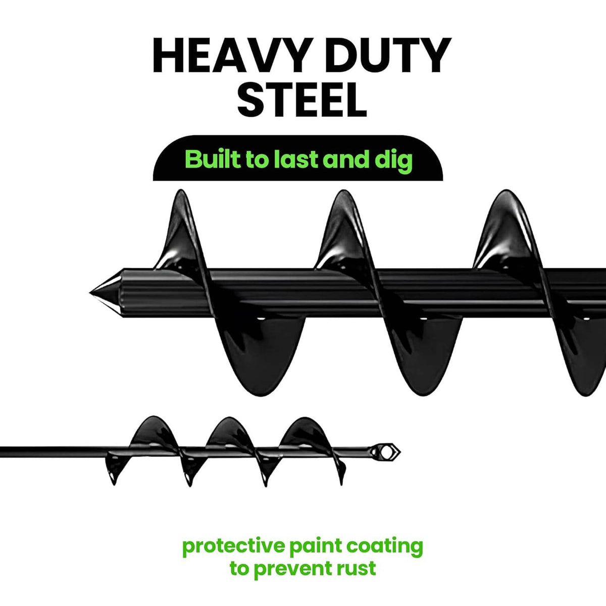 Black heavy-duty steel auger drill bit with protective coating against rust
