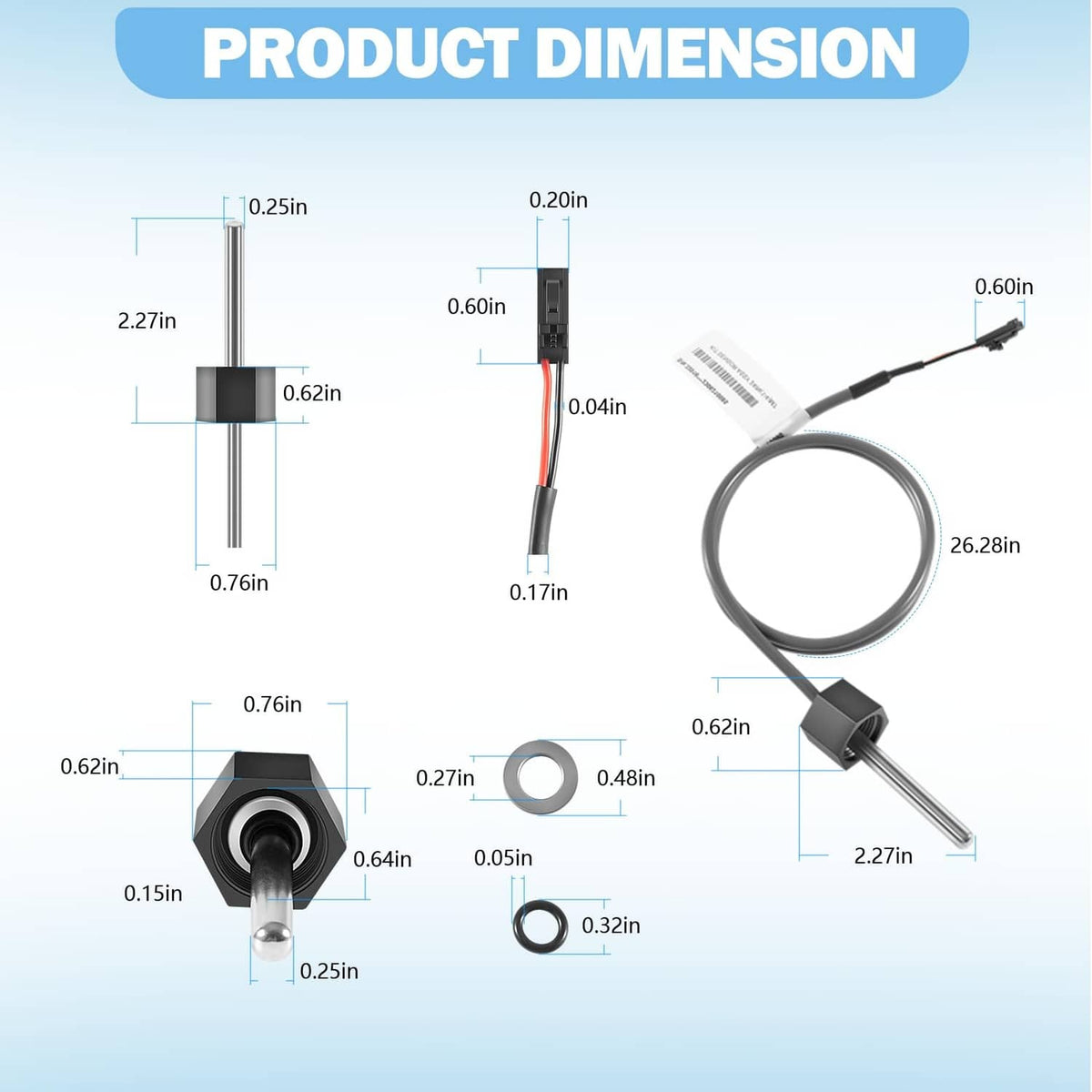 Temperature sensor kit with probe and cable, shown with product dimensions