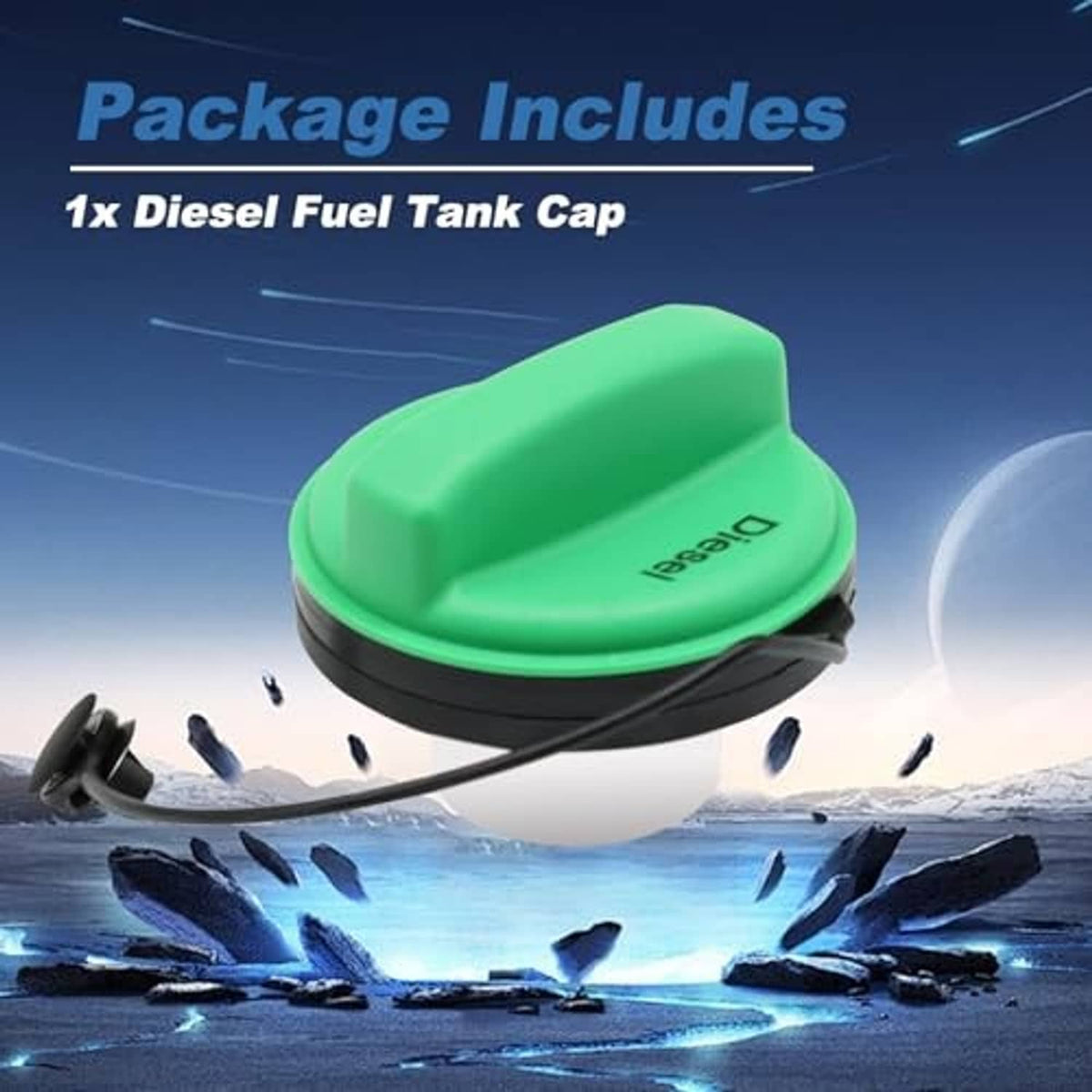 Green diesel fuel tank cap with black base and tether, single piece shown