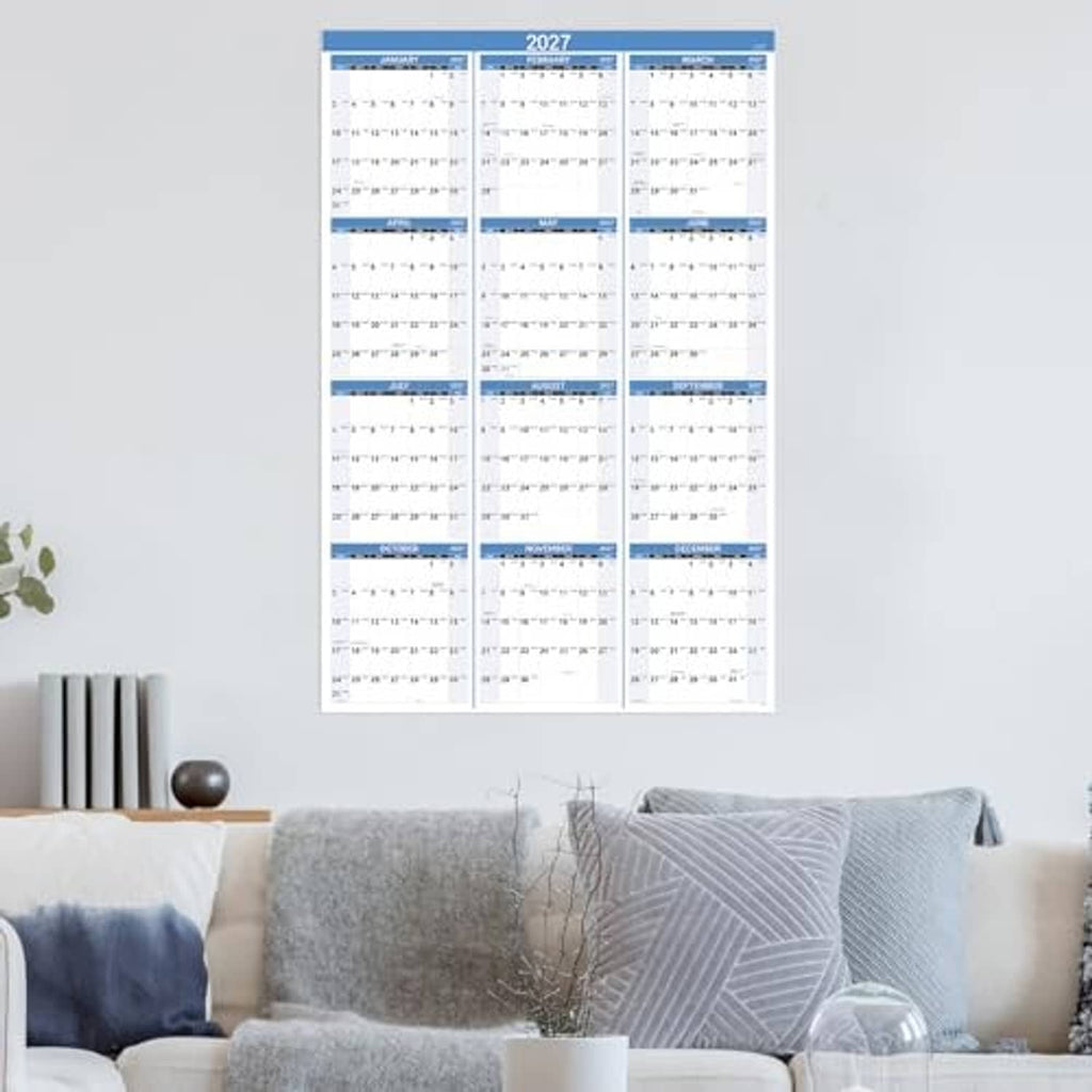 2027 yearly wall calendar with blue month headers and monthly date grids.