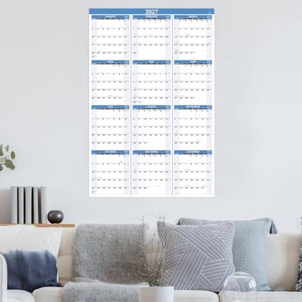 2027 yearly wall calendar with blue month headers and monthly date grids.
