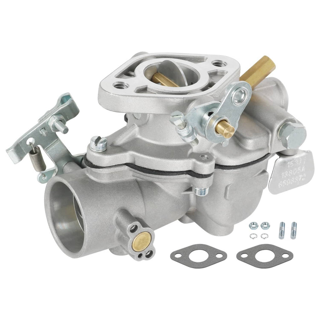 Metal carburetor with round throttle bore, inlet fitting, and mounting gasket parts