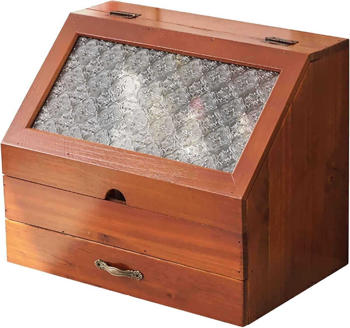Brown wooden tabletop organizer with etched floral glass top and drawer opening