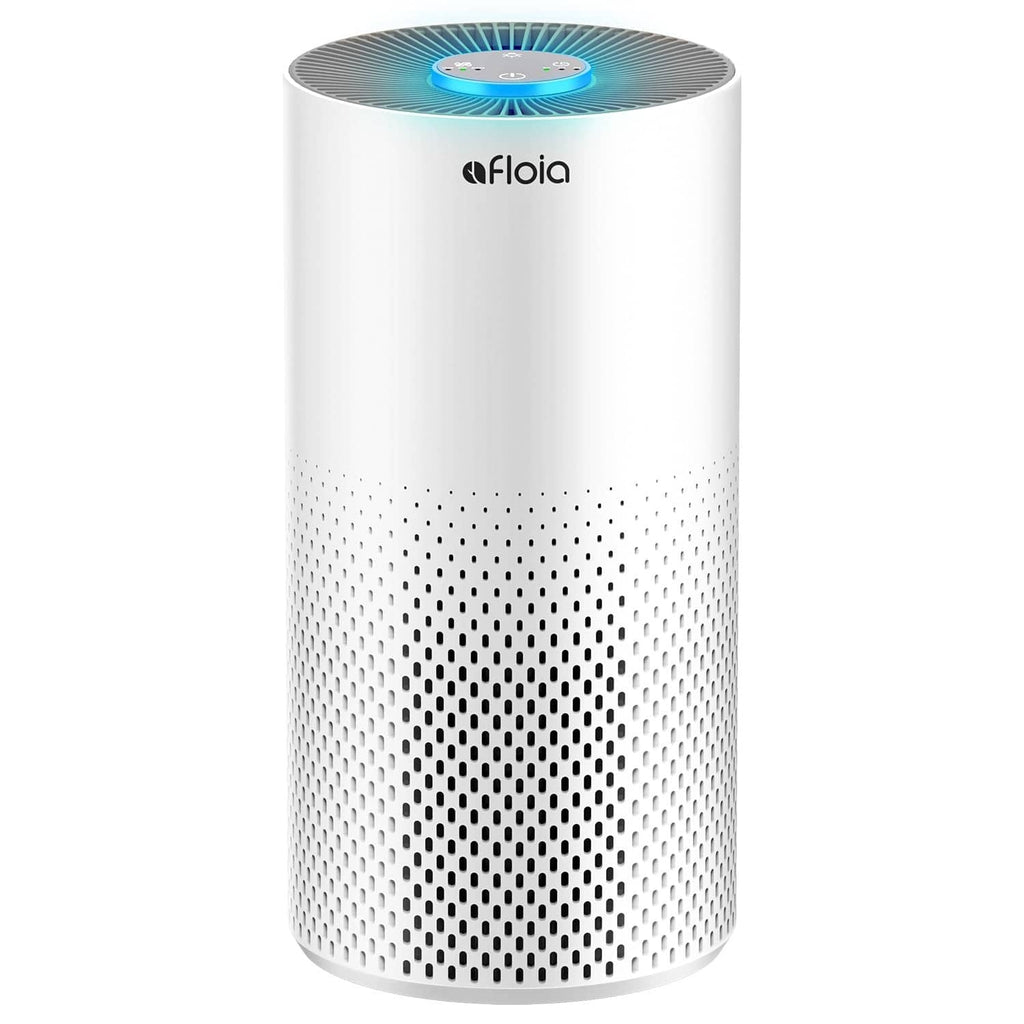 White cylindrical air purifier with blue LED top and front vent perforations