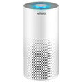White cylindrical air purifier with blue LED top and front vent perforations