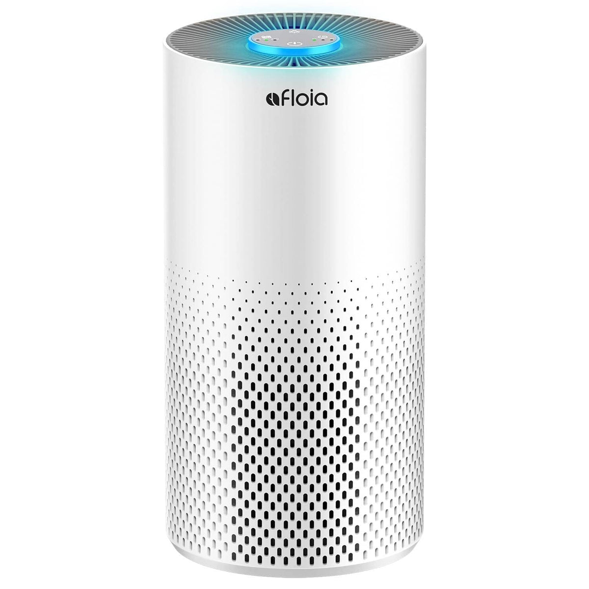 White cylindrical air purifier with blue LED top and front vent perforations
