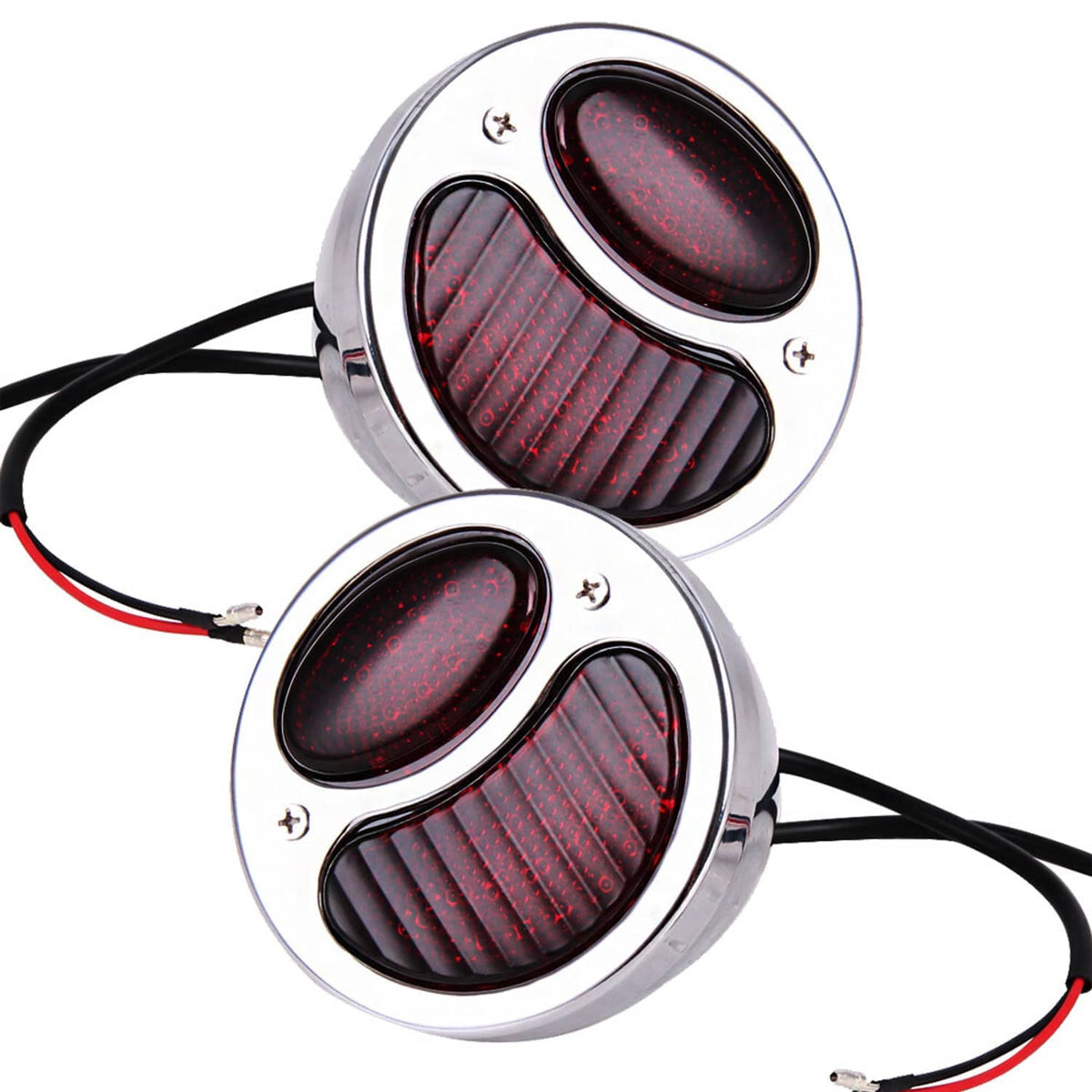 Two chrome oval LED tail lights with red lenses and black wire pigtails, angled view