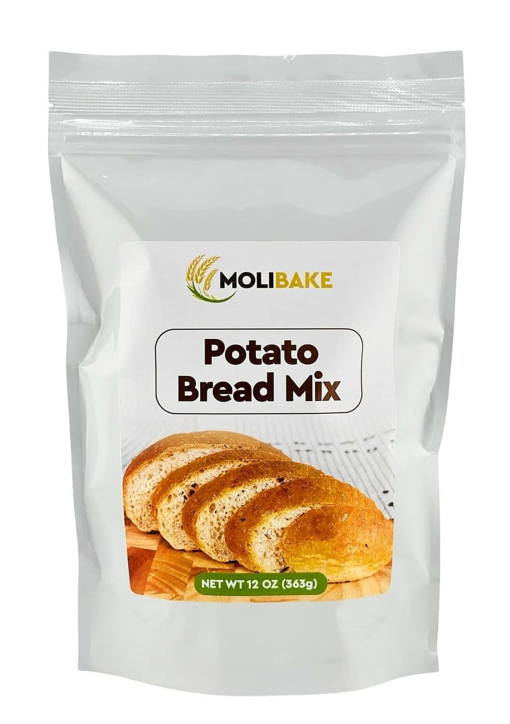 Molibake potato bread mix pouch, white bag with Potato Bread Mix label