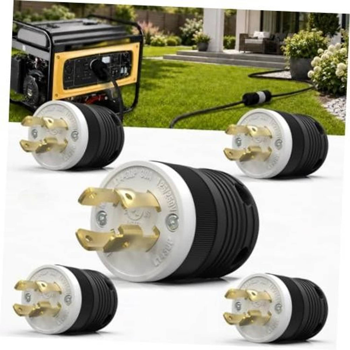 NEMA L14-30P twist-lock plug, white face with brass pins and black ribbed body