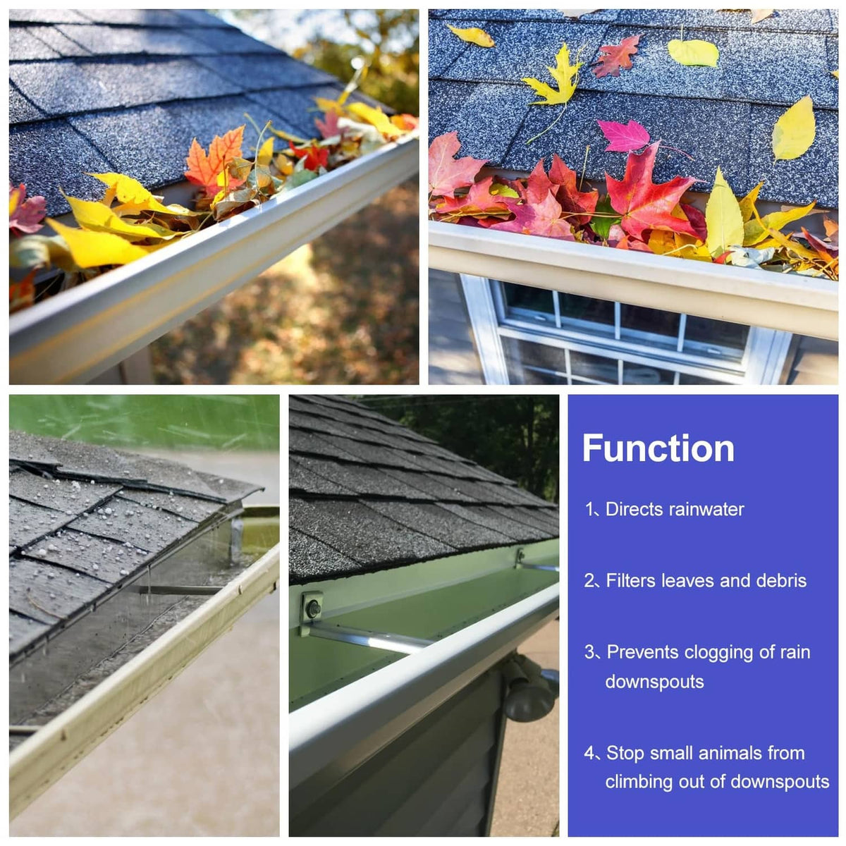 White gutter downspout drop outlet filter trapping leaves and debris from roof runoff