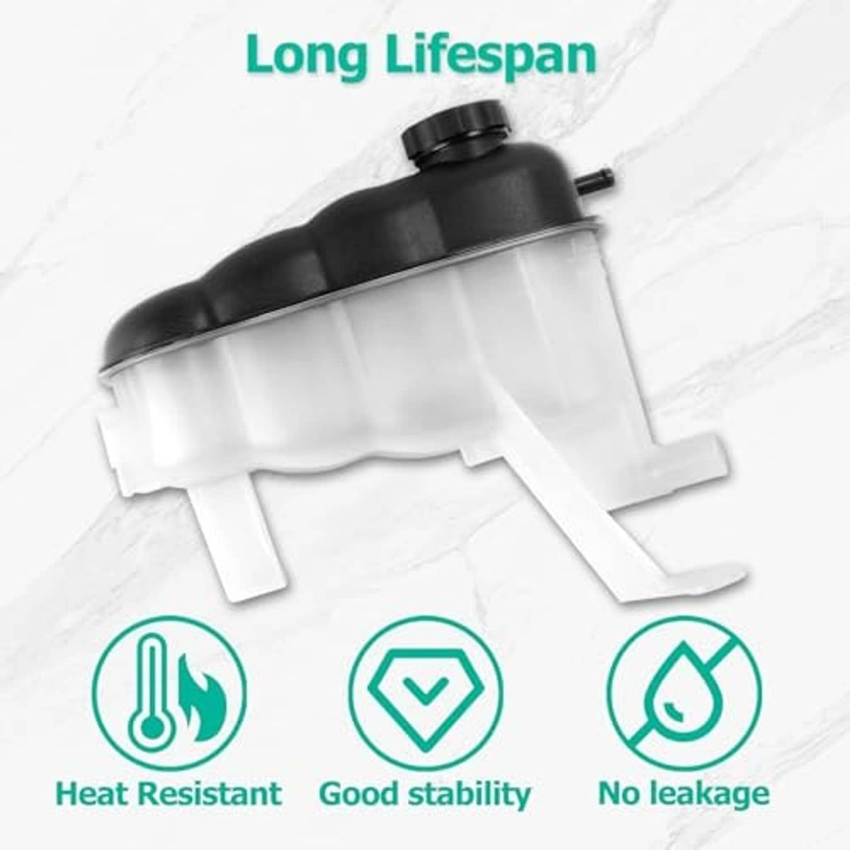 Engine coolant reservoir tank with black cap and translucent white body
