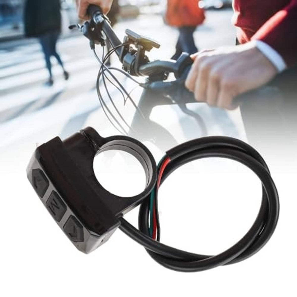Black e-bike display switch controller with button panel and red, black, and green wires