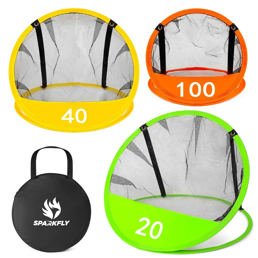 Golf chipping pop-up practice net set with yellow, orange, and green targets, storage bag