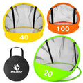 Golf chipping pop-up practice net set with yellow, orange, and green targets, storage bag