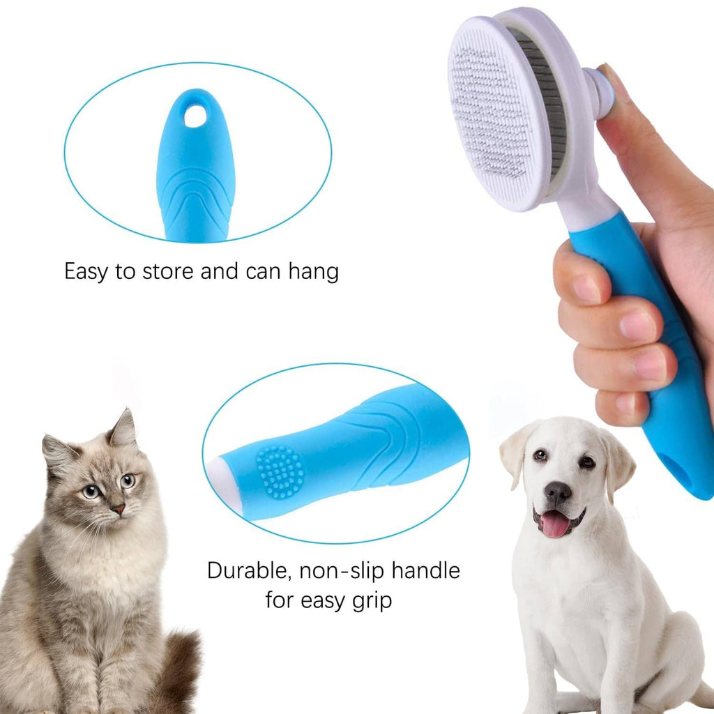 Blue self-cleaning pet slicker brush with white oval bristle pad and easy-grip handle
